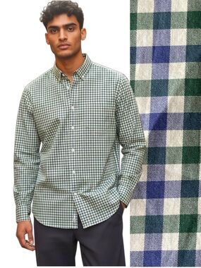 J Crew Classic Blue/Green/White Gingham Cotton Button Down Shirt (S)